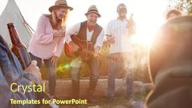  Presentation with campsite - Beautiful presentation theme featuring yurt - group of mature friends sitting backdrop and a tawny brown colored foreground
