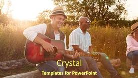  Presentation with campsite - Cool new PPT theme with group of mature friends sitting around fire and singing songs at outdoor campsite backdrop and a tawny brown colored foreground