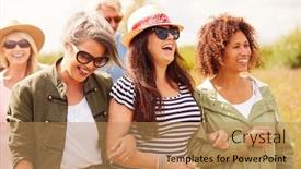 Presentation with campsite - Presentation theme consisting of group of mature friends walking along path through yurt campsite background and a coral colored foreground