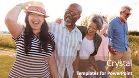  Presentation with campsite - Presentation featuring group of mature friends on vacation walking along path through campsite at sunset background and a tawny brown colored foreground