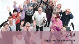  Presentation with general meeting - Theme featuring group-of-mature-people-applauding background and a coral colored foreground