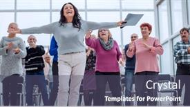  Presentation with success - Presentation design enhanced with group-of-mature-people-rejoice background and a violet colored foreground