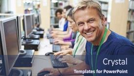  Presentation with computers - Slide deck featuring group of mature students working at computers background and a ocean colored foreground