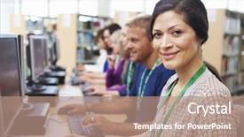  Presentation with computers - PPT theme with group of mature students working at computers background and a coral colored foreground