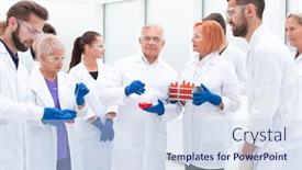  Presentation with flasks - Colorful presentation enhanced with group-of-medical-laboratory-employees backdrop and a lemonade colored foreground