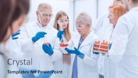  Presentation with flasks - Amazing presentation having group-of-medical-laboratory-employees backdrop and a light blue colored foreground