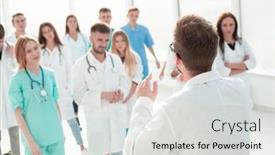  Presentation with portrait of medical professionals - Slide deck enhanced with group-of-medical-professionals-standing background and a light gray colored foreground