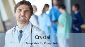  Presentation with team group - Slide set with group of medical staff at hospital handsome doctor in front of team people group standing together in background background and a light blue colored foreground