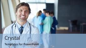  Presentation with team group - Beautiful slide set featuring medical staff at hospital handsome backdrop and a light blue colored foreground