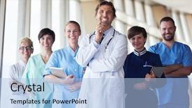  Presentation with team group - Slide set featuring group of medical staff background and a light blue colored foreground