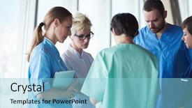  Presentation with nursing - Slide deck having group of medical staff background and a light blue colored foreground