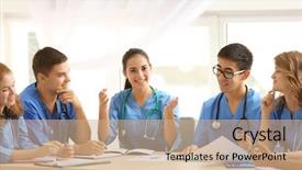  Presentation with medical student - Colorful presentation design enhanced with group of medical students having backdrop and a coral colored foreground