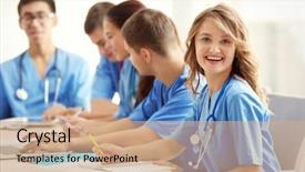  Presentation with medical students - Audience pleasing presentation theme consisting of group of medical students having backdrop and a coral colored foreground