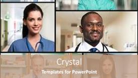  Presentation with collage medical - Beautiful presentation theme featuring group-of-medical-workers-collage backdrop and a coral colored foreground