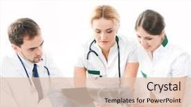  Presentation with office workers - PPT theme consisting of group of medical workers discussing in office background and a lemonade colored foreground