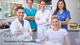  Presentation with office workers - Audience pleasing PPT theme consisting of group-of-medical-workers-together backdrop and a light blue colored foreground