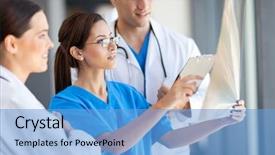  Presentation with working together - Presentation theme with group of medical workers working background and a light blue colored foreground