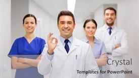  Presentation with hospital - Audience pleasing presentation theme consisting of group-of-medics-at-hospital backdrop and a light gray colored foreground