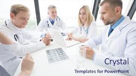  Presentation with clinic - Presentation featuring group of medics with brain background and a  colored foreground