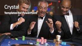  Presentation with roulette - PPT theme featuring group of men celebrating win at roulette table in casino background and a tawny brown colored foreground