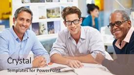  Presentation with creative - Cool new slides with group of men meeting backdrop and a coral colored foreground