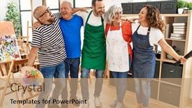  Presentation with students - PPT theme having group-of-middle-age-draw background and a coral colored foreground