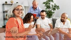  Presentation with friends - Presentation theme having group-of-middle-age-friends background and a  colored foreground