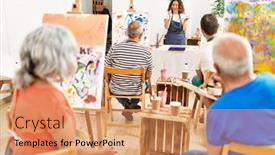  Presentation with students - Slides enhanced with group-of-middle-age-students background and a coral colored foreground