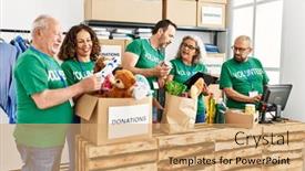  Presentation with charity - Presentation theme featuring group-of-middle-age-volunteers background and a coral colored foreground
