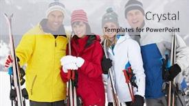  Presentation with ski - Presentation enhanced with group of middle aged couples on ski holiday in mountains background and a light gray colored foreground