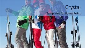  Presentation with ski - Audience pleasing presentation consisting of group of middle aged couples on ski holiday in mountains backdrop and a teal colored foreground