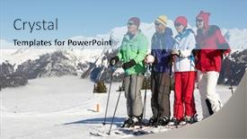  Presentation with ski - Colorful PPT theme enhanced with group of middle aged couples on ski holiday in mountains backdrop and a light blue colored foreground