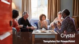 Presentation with meeting table - Cool new presentation theme with group of middle aged friends backdrop and a tawny brown colored foreground