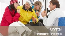  Presentation with ski - Theme featuring group of middle aged friends eating sandwich on ski holiday in mountains background and a coral colored foreground