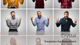  Presentation with women making - Amazing slide deck having group of mixed people women and men making rock symbol with hands shouting and celebrating backdrop and a light gray colored foreground