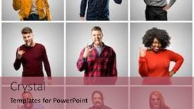  Presentation with women making - Slide set consisting of group of mixed people women and men making rock symbol with hands shouting and celebrating with tongue background and a violet colored foreground