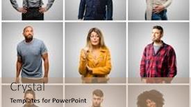  Presentation with women making - Slide set featuring group of mixed people women and men making funny face fooling background and a coral colored foreground