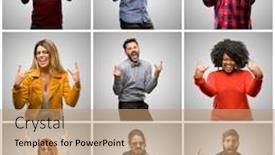  Presentation with women making - Amazing presentation theme having group of mixed people women and men making rock symbol with hands shouting and celebrating backdrop and a coral colored foreground