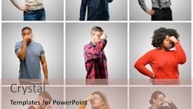  Presentation with overworked - Presentation theme with group of mixed people women and men with sleepy expression being overworked and tired rubbes nose because of weariness background and a coral colored foreground