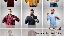  Presentation with wow - Beautiful PPT theme featuring group of mixed people women and men happy and surprised cheering expressing wow gesture pointing up backdrop and a light gray colored foreground