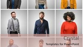  Presentation with women making - Audience pleasing PPT layouts consisting of group of mixed people women and men making funny face fooling backdrop and a coral colored foreground