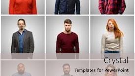  Presentation with women making - Presentation enhanced with group of mixed people women and men making funny face fooling background and a light gray colored foreground