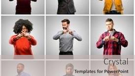  Presentation with women making - Amazing theme having group of mixed people women and men annoyed with bad attitude making stop sign with hand saying no expressing security defense or restriction maybe pushing backdrop and a light gray colored foreground