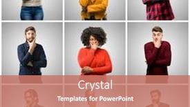  Presentation with panic - Presentation design consisting of group of mixed people women and men scared in shock expressing panic and fear background and a coral colored foreground