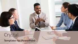  Presentation with multi ethnic group - Cool new slides with group-of-multi-ethnic-business backdrop and a mint green colored foreground