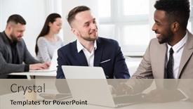  Presentation with multi ethnic group - Audience pleasing PPT theme consisting of group-of-multi-ethnic-business backdrop and a mint green colored foreground