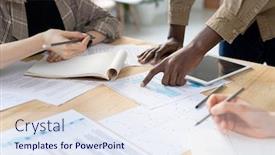  Presentation with multi ethnic group - PPT theme featuring group-of-multi-ethnic-colleagues background and a sky blue colored foreground