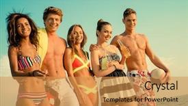  Presentation with multi ethnic group - Amazing slide deck having group of multi ethnic friends walking on a beach backdrop and a gold colored foreground