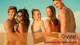  Presentation with ethnic group - Cool new PPT theme with group of multi ethnic friends walking on a beach backdrop and a gold colored foreground