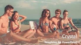  Presentation with ethnic group - Beautiful slides featuring group of multi ethnic friends with drinks relaxing on a beach backdrop and a coral colored foreground